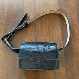 Rebecca Minkoff Croc Embossed Leather Belt Bag -Black Sz Small
